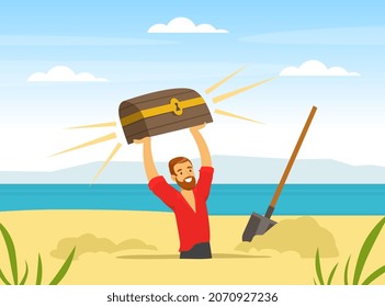 Man Treasure Hunter Finding Chest with Precious Jewel Vector Illustration