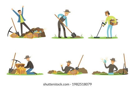 Man Treasure Hunter with Metal Detector and Shovel Digging Hole in Soil Extracting Gold and Gemstones Vector Set