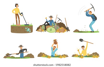 Man Treasure Hunter with Metal Detector and Shovel Digging Hole in Soil Extracting Gold and Gemstones Vector Set