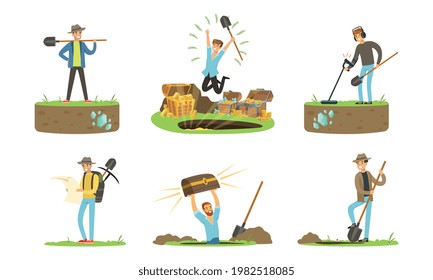 Man Treasure Hunter with Metal Detector and Shovel Digging Hole in Soil Extracting Gold and Gemstones Vector Set