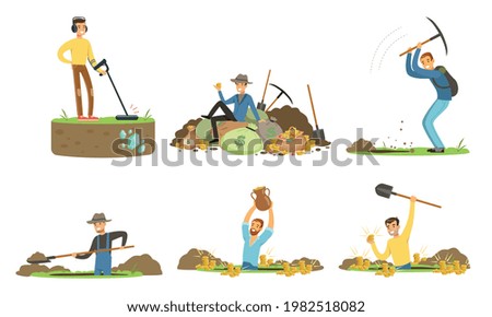 Man Treasure Hunter with Metal Detector and Shovel Digging Hole in Soil Extracting Gold and Gemstones Vector Set