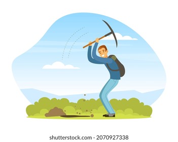 Man Treasure Hunter with Pickaxe Finding Precious Jewel Vector Illustration