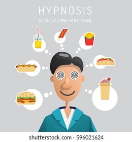 The man treated with hypnosis from the excessive consumption of food. Vector illustration in flat cartoon style, depicting a patient under hypnosis and thoughts about food.