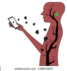 A man with a tree inside holds a phone.  Vector illustration.