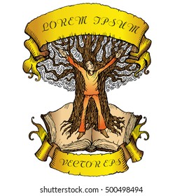 Man with tree on big old book, RGB EPS 10 vector illustration