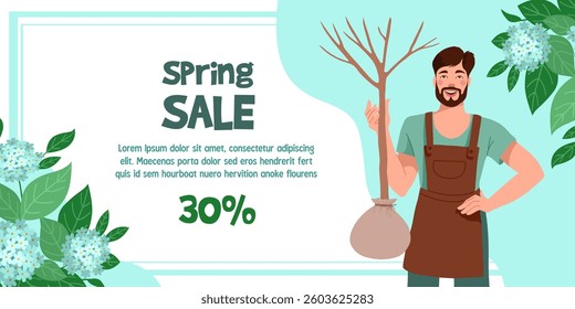 Man with tree sapling, nursery salesman with seedlings. Horizontal advertising banner with a discount announcement. Vector illustration