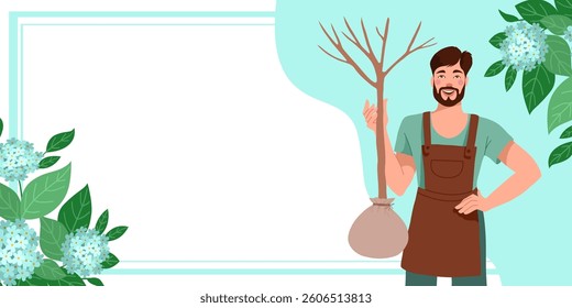 Man with tree sapling, nursery salesman with seedlings. Horizontal banner , vector illustration