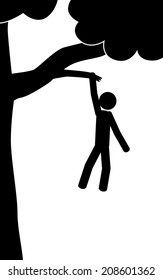 Man up in the tree. It is a stick figure vector. EPS10 