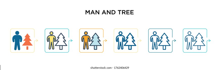 Man and tree vector icon in 6 different modern styles. Black, two colored man and tree icons designed in filled, outline, line and stroke style. Vector illustration can be used for web, mobile, ui