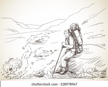 Man trekker with backpack sitting on big stone with mountain landscape on background, Hand drawn vector illustration