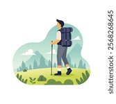 Man trekking, hiking in nature with backpack equipment flat vector illustration