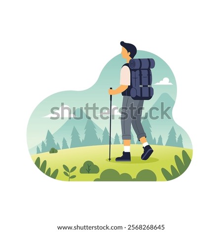 Man trekking, hiking in nature with backpack equipment flat vector illustration