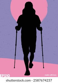 Man with trekking poles silhouette. Vector abstract graphic background