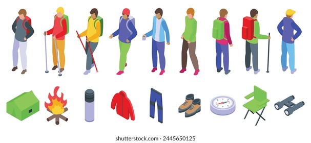 Man trekking travel icons set isometric vector. Tourist active. Person walking