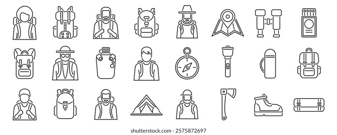 Man trekking travel icons set. Essential gear for outdoor adventures, featuring hikers, backpacks, navigation tools, and camping essentials