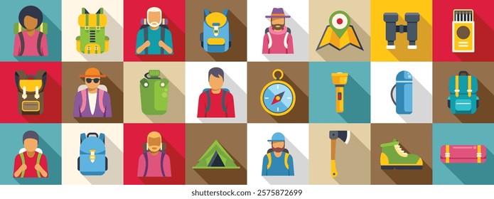 Man trekking travel icons set. Hikers and backpackers gather their essential gear, embarking on a thrilling outdoor adventure, surrounded by nature's breathtaking beauty