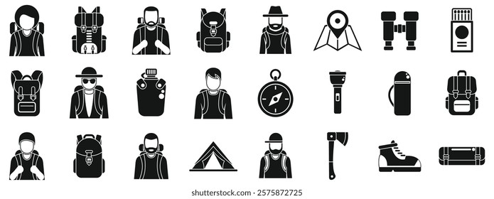 Man trekking travel icons set. Hikers are exploring nature, carrying backpacks and using various equipment for their adventure