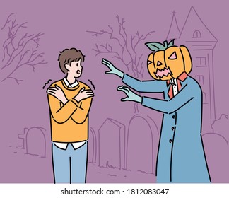 A man is trembling in fear when he meets a Jack O'Lantern on the road at night. hand drawn style vector design illustrations. 