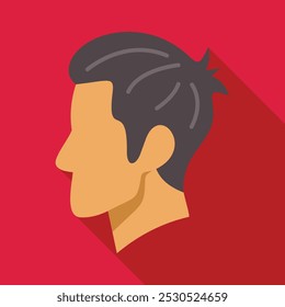 Man with trendy hairstyle looking right, profile view icon in flat style on a red background