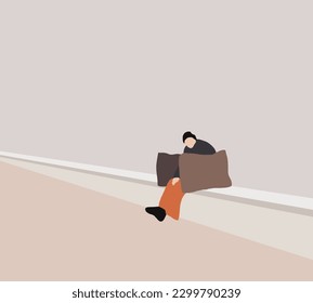 Man in trendy hat sitting on stairs with big shopping bag. Recreating after shopping and buying purchases. Lifestyle, shopping, technology and friendship