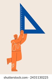 Man with triangular ruler. Colorful vector illustration 
