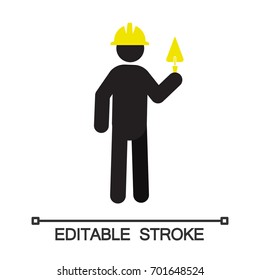 Man with triangular shovel silhouette icon. Building worker. Isolated vector illustration. Editable stroke
