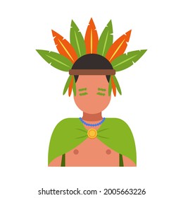 a man from the tribe with feathers on his head. flat vector illustration.