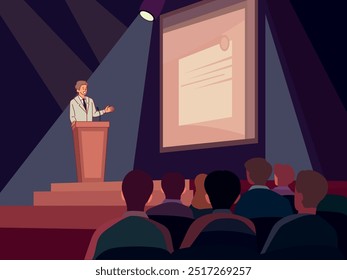 Man tribune presentation. Guy performing in audience front, auctioneer character, people listening speaker at conference, programs promotion cartoon flat style isolated vector concept