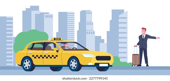 Man tries to catch taxi in street by raising his hand. Cab calling. Transportation by automobile. Car driver and passenger. Businessman in suit with baggage. Auto service