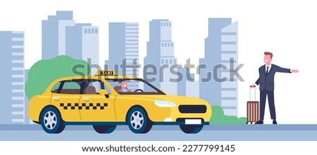 Man tries to catch taxi in street by raising his hand. Cab calling. Transportation by automobile. Car driver and passenger. Businessman in suit with baggage. Auto service