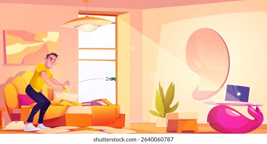 Man tries catching frog jumping through bedroom window - green amphibian escapes while person reaches. Cozy room with yellow bed with pink cushions, potted plants and laptop on whale like table.