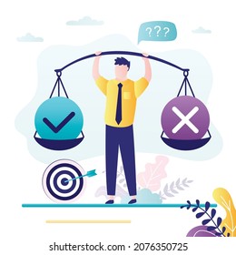 Man tries to choose right decision. Negative and positive decision lies on scales. Worker solves business problems with survey. Сomparison of two solutions. Online voting concept. Vector illustration