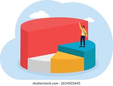 man tries to climb the biggest pie chart, a metaphor for market share. Simple flat conceptual illustration.

