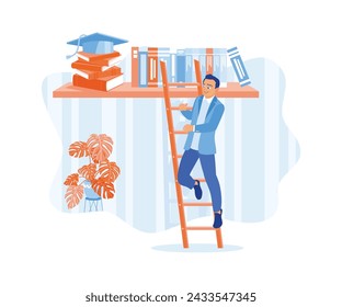 A man tries to climb a ladder to get a book on a bookshelf. Educational process to achieve success. Education concept. flat vector modern illustration