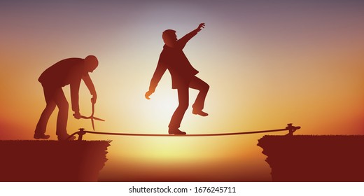 A man tries to cross a balanced obstacle on a rope, while one of his opponents cuts it with scissors to prevent it from reaching its goal.