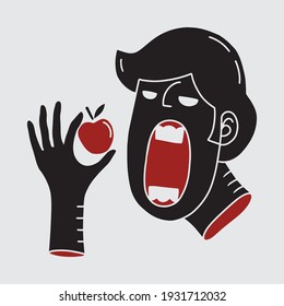 A man tries to eat an apple.