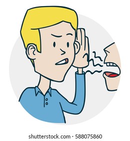 Man tries to hear the stories. Problems with hearing and deafness. Illustration of a funny cartoon style