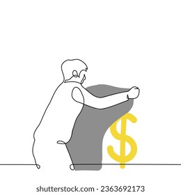 man tries to hide the dollar sign by covering it with drapery - one line art vector. concept a person is hiding earnings from everyone, saving the dollar, financial crisis, saving cash