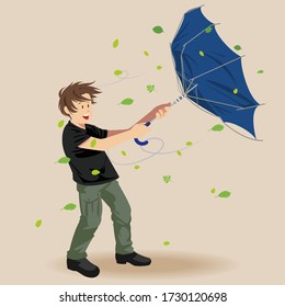 Man tries to hold his umbrella in a strong wind. Man stand during wind blowing. Natural disaster. Changeable weather. Vector illustration