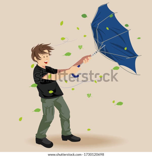 人は強風で傘を持とうとする 風が吹く時は人が立つ 自然災害 変わりやすい天気 ベクターイラスト のベクター画像素材 ロイヤリティフリー
