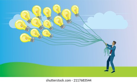 Man tries to hold on to ideas. Vector illustration.