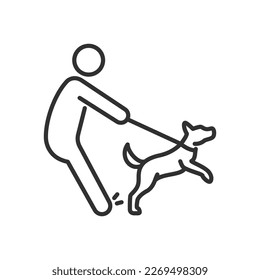 Man tries to keep dog on leash, linear icon. Line with editable stroke