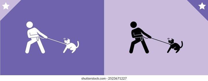 O homem tenta manter o cachorro na coleira, ícone linear. Linha com traçado editável