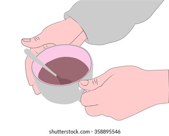 A man tries to keep warm Cup of hot drink.