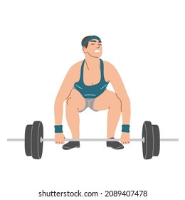 A man tries to lift a barbell. Physical effort. Flat vector illustration.