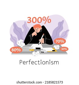 Man tries to perform his work for three hundred percent, flat vector illustration isolated on white background. Perfectionist character suffering from OCD or obsessive compulsive disorder.