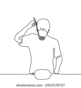 man tries soup from a ladle while standing over a saucepan - one line art vector. concept bachelor preparing homemade food.
Hand made vector not AI