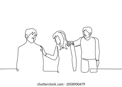 man tries to stop a woman by grabbing her shoulder while she touches another man - one line drawing vector. heterosexual male jealousy concept or a friend warns a friend against dangerous men
