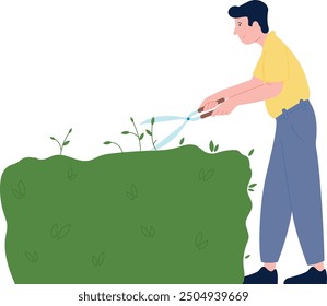 Man trim bush. Gardener landscaping color character