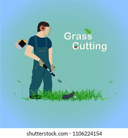 A man with a trimmer cuts grass on a white background. A man in overalls cuts grass with a trimmer. Worker cutting grass in garden with the weed trimmer.